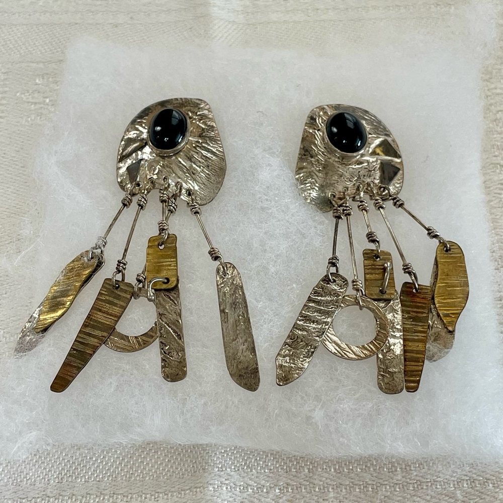 ✨ Vintage Modernist Statement Earrings | Black Stone + Mixed Metal Dangles